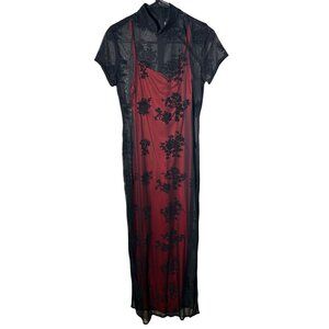 Vintage Arianna by Rachel Kaye Size 6 Black Red Velvet Burnout Mesh Maxi Dress
